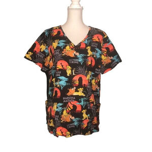 DISNEY Sz L Women’s Lion Future King Blk V-Neck Pockets Short Sleeves Scrub Top